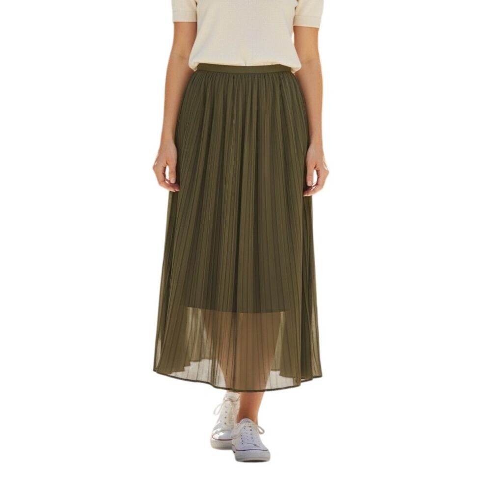 Uniqlo Olive Green Pleated Maxi Skirt Womens XS Sheer ElasticWaist Dark Academia